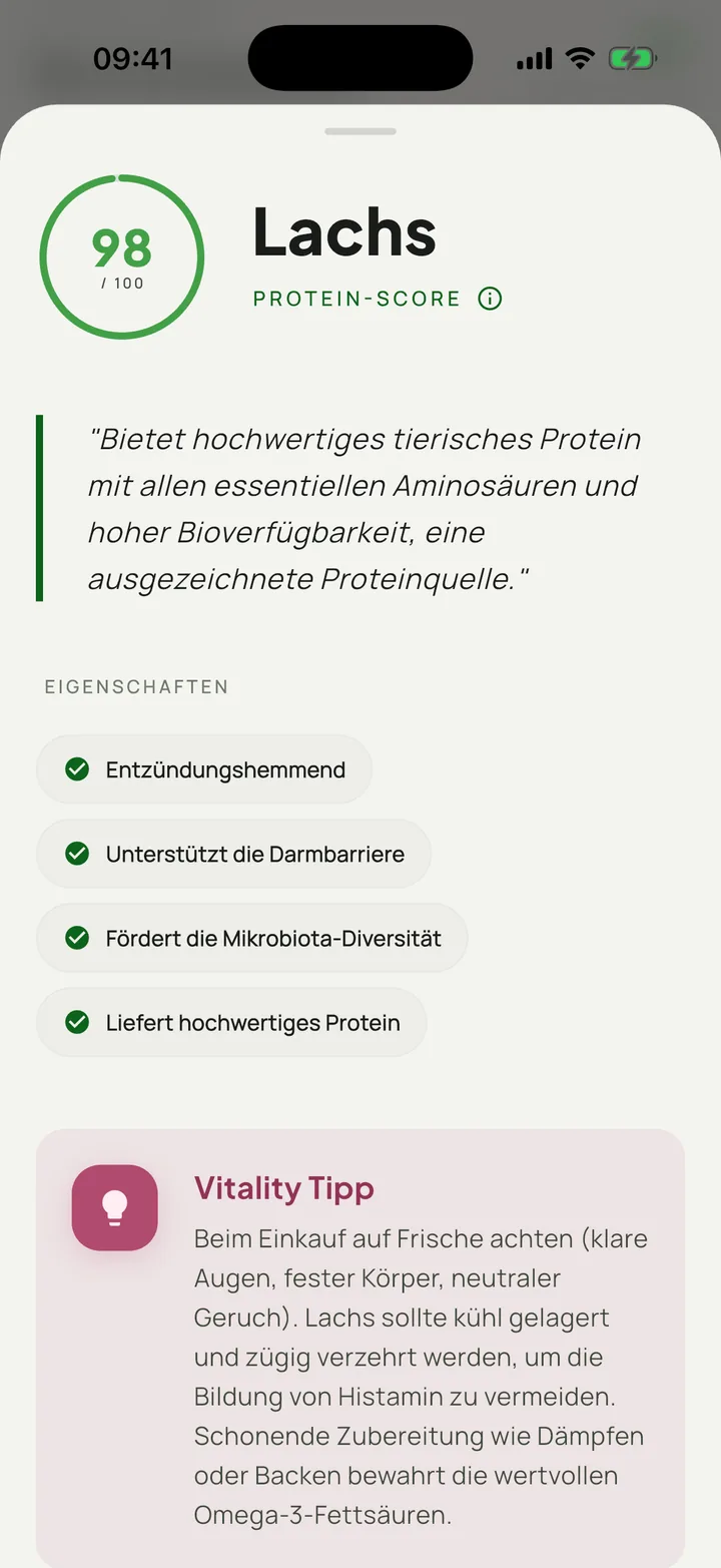 GutBuy Artikel-Detailseite: Lachs mit Protein-Score 98, Eigenschaften und Vitality-Tipp
