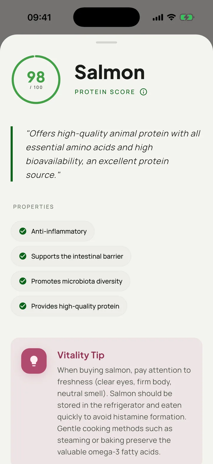 GutBuy item detail page: salmon with protein score 98, properties and vitality tip