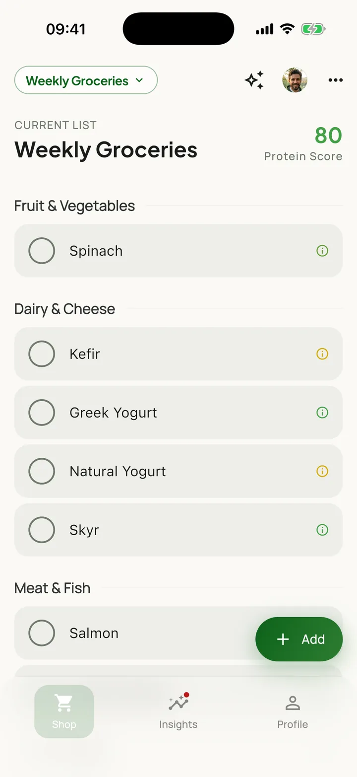 GutBuy app: “Weekly Shopping” grocery list with protein score 80 and auto-sorted items