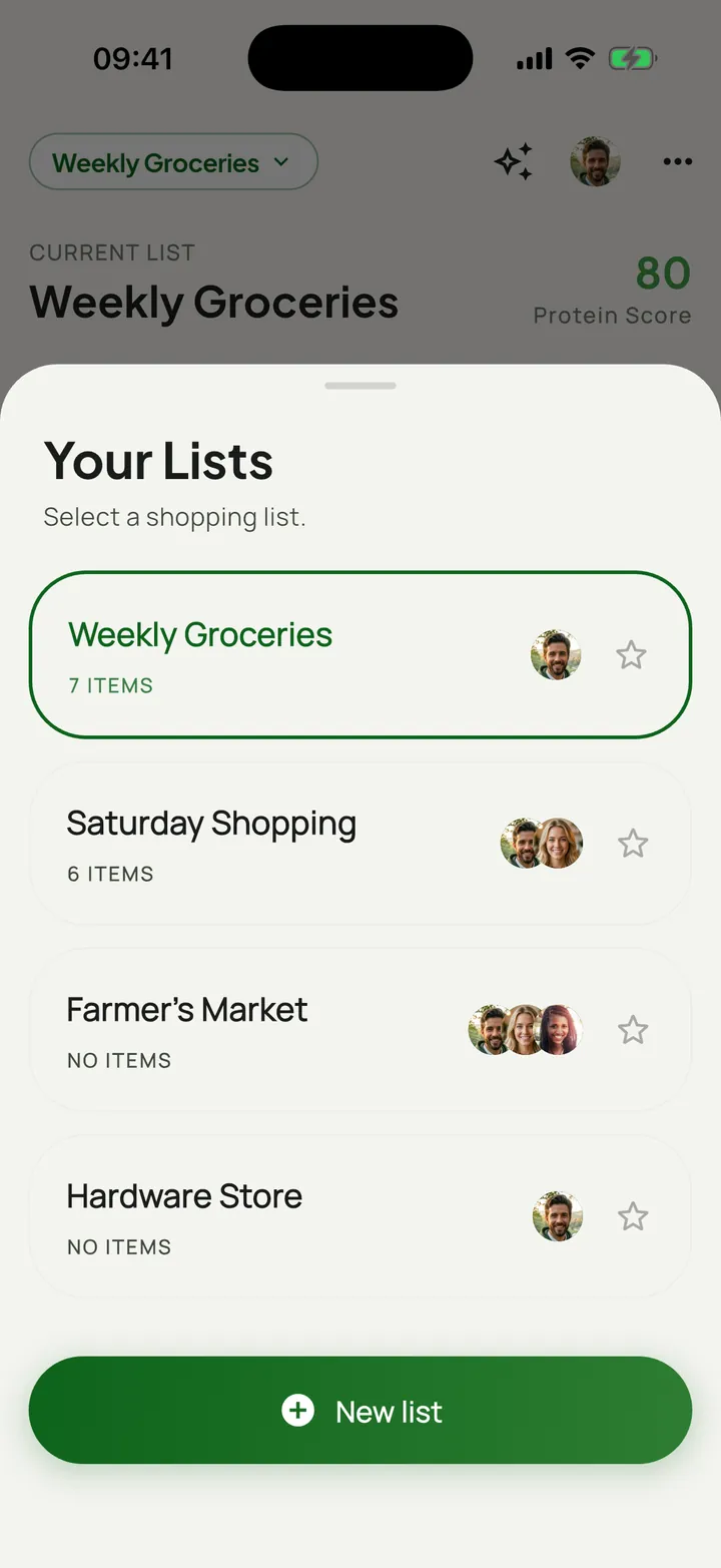 GutBuy list overview with several shopping lists