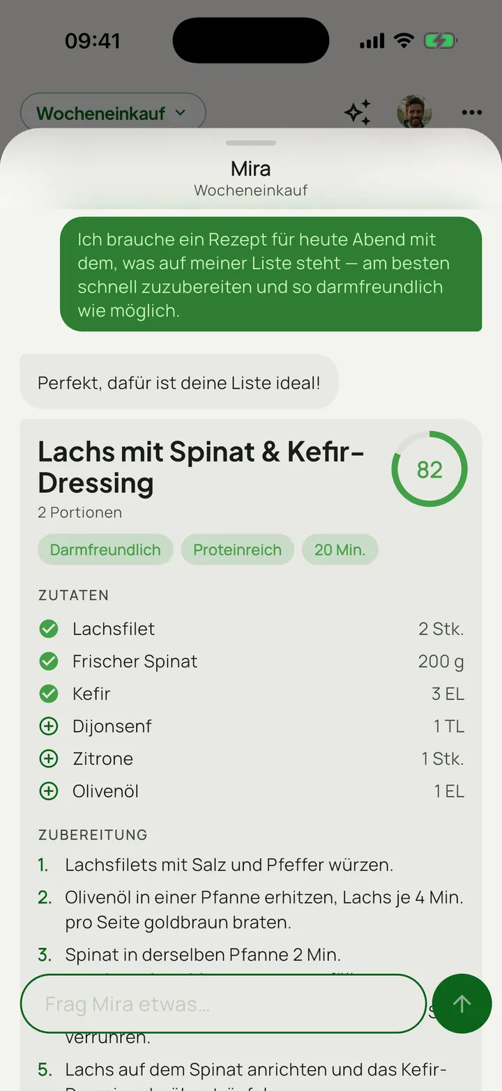 GutBuy Chat mit KI-Coachin Mira, die ein Rezept vorschlägt