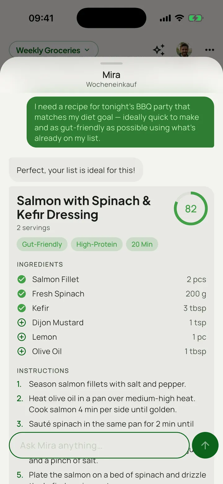 GutBuy chat with AI coach Mira suggesting a recipe