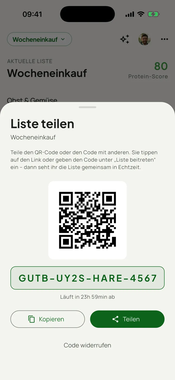 GutBuy Teilen-Ansicht: QR-Code und Einladungscode für die Liste „Wocheneinkauf“