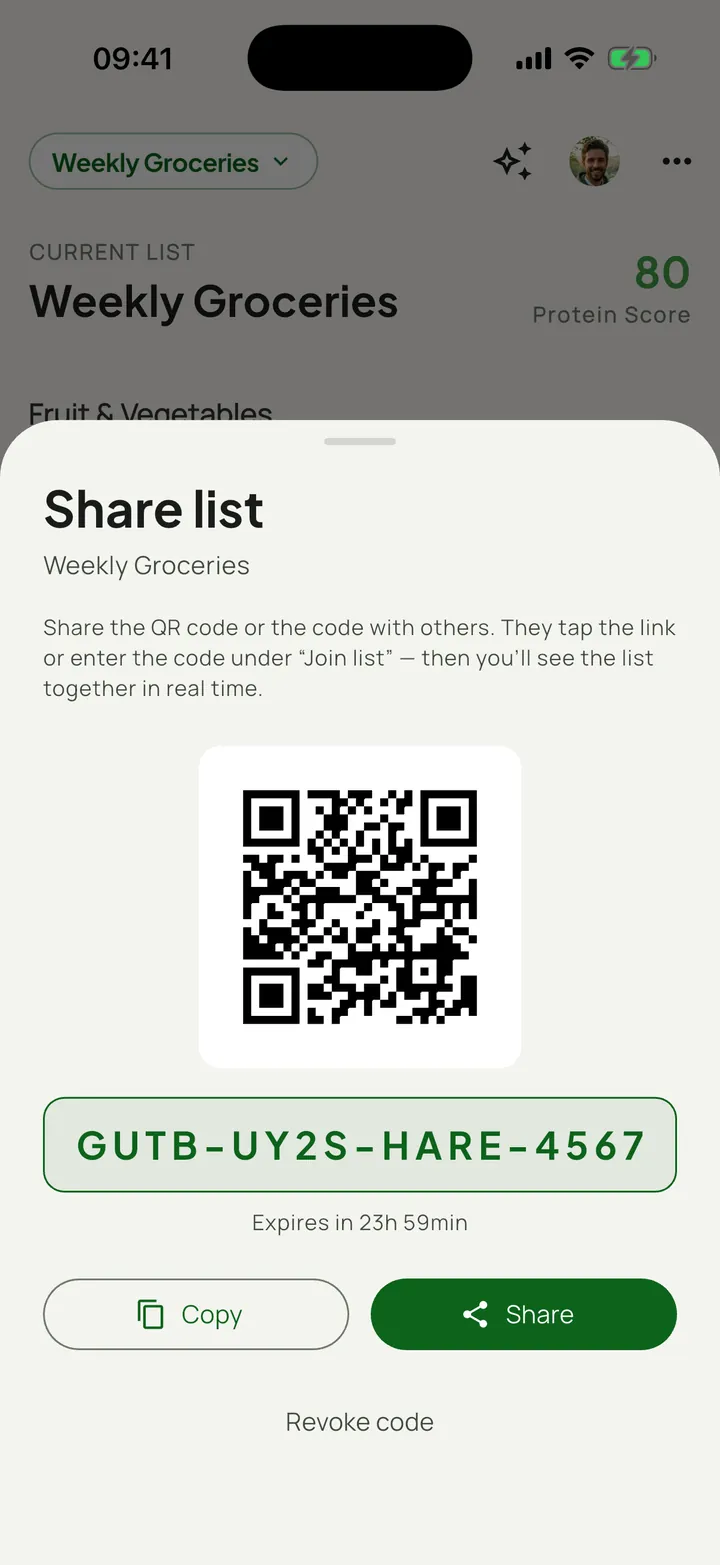 GutBuy share sheet: QR code and invite code for the “Weekly Groceries” list